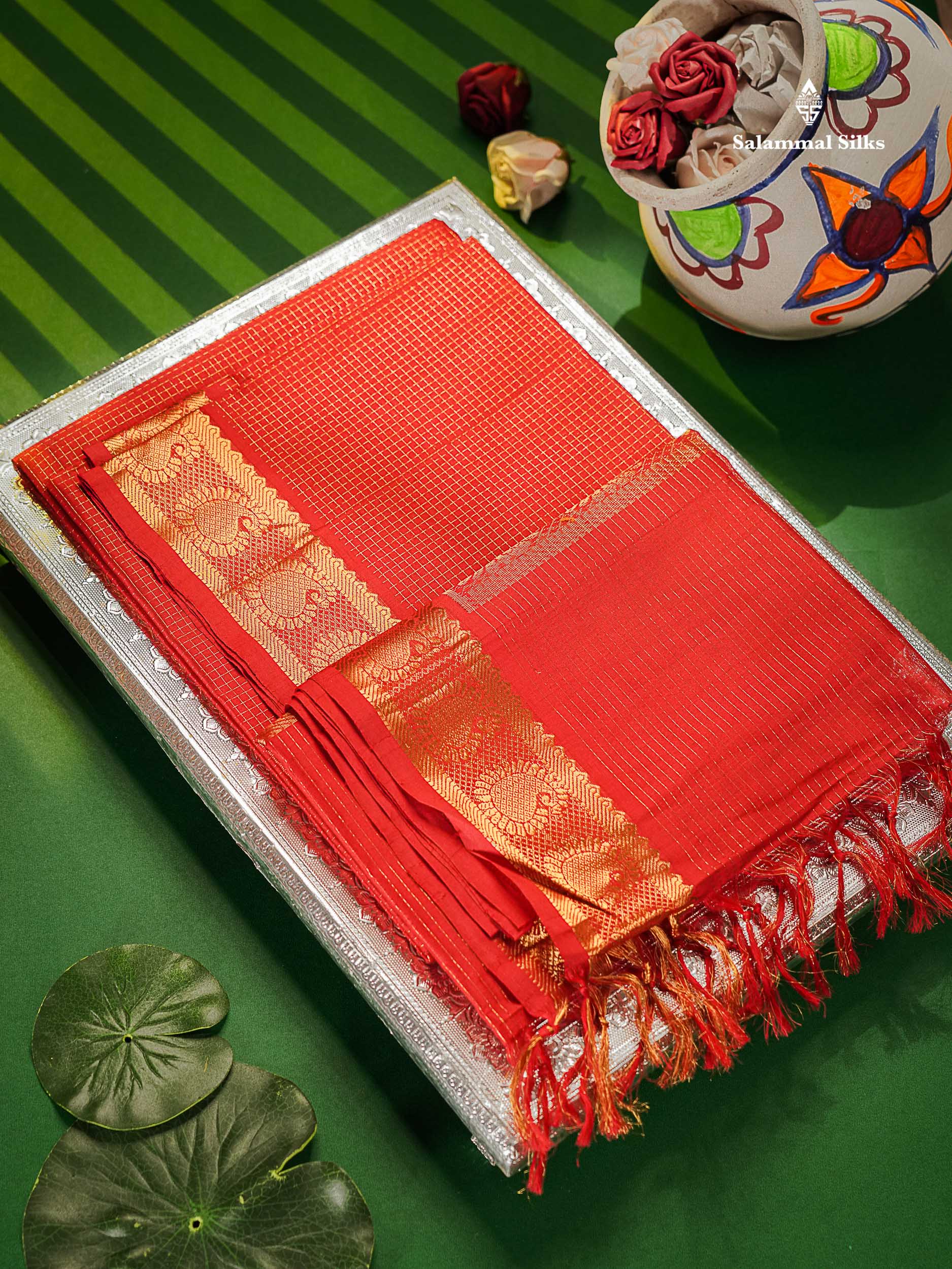 Pure Silk Cotton Saree - Chilly Red Colour Body Small Zari Checks With Traditional Border