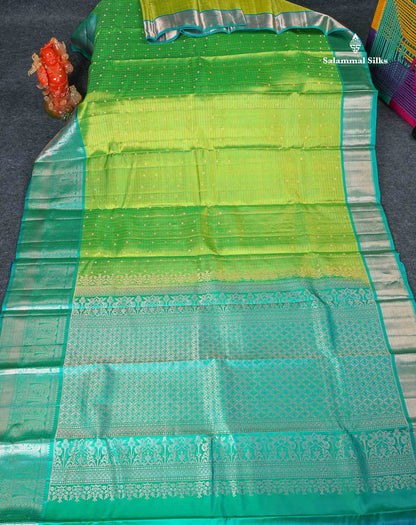 Pure Kanjivaram Silk Saree - Parrot Green Colour Body Checks With Butta & Sapphire Green Border