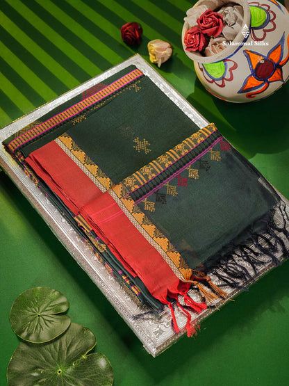 Pure Silk Cotton Saree - Bottle Green  Colour Body Thread Butta & Traditional Border
