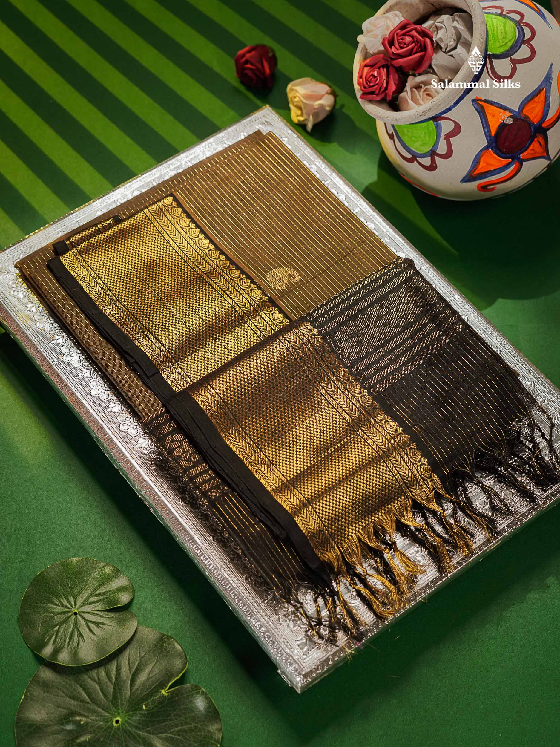 Pure Silk Cotton Saree - Dark Olive Green Colour Body Zari Lines With Butta & Traditional Border