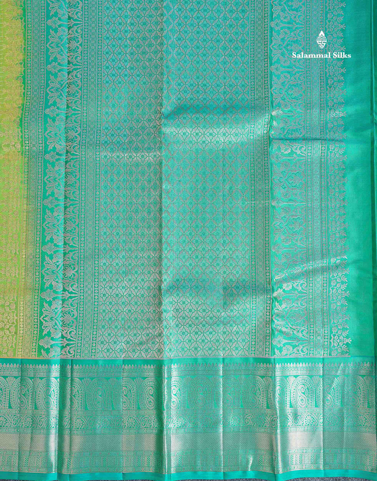 Pure Kanjivaram Silk Saree - Parrot Green Colour Body Checks With Butta & Sapphire Green Border