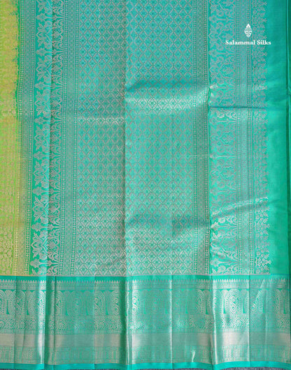 Pure Kanjivaram Silk Saree - Parrot Green Colour Body Checks With Butta & Sapphire Green Border