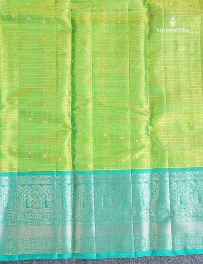 Pure Kanjivaram Silk Saree - Parrot Green Colour Body Checks With Butta & Sapphire Green Border