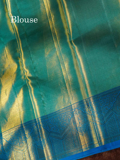 Pastel Blue Tissue Bridal Pure Kanjivaram Silk Saree With Contrast Sky Blue Border