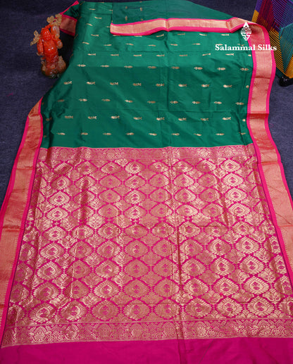 11 Yards Semi Silk Saree Bottle Green with Contrast Pink Traditional Border
