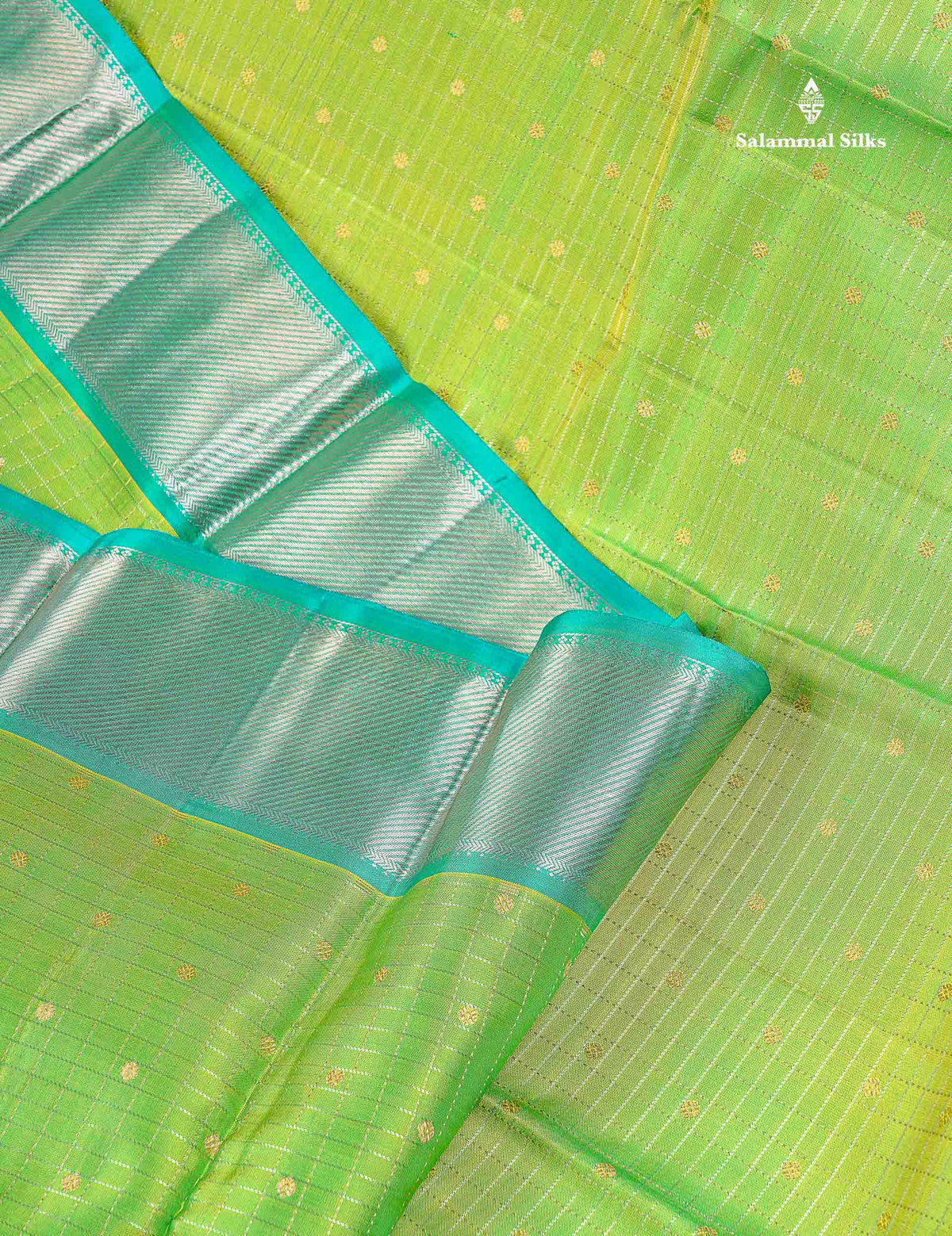 Pure Kanjivaram Silk Saree - Parrot Green Colour Body Checks With Butta & Sapphire Green Border