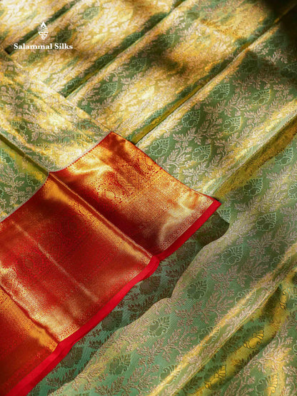 Beautiful Light Green Tissue Bridal Pure Kanjivaram Silk Saree With Contrast Chilly Red Traditional Evening Morning Border