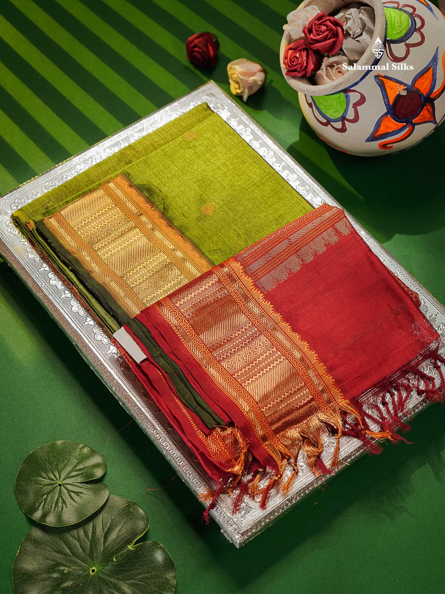 Pure Silk Cotton Saree - Olive Green Colour Body Thread Butta & Traditional Border