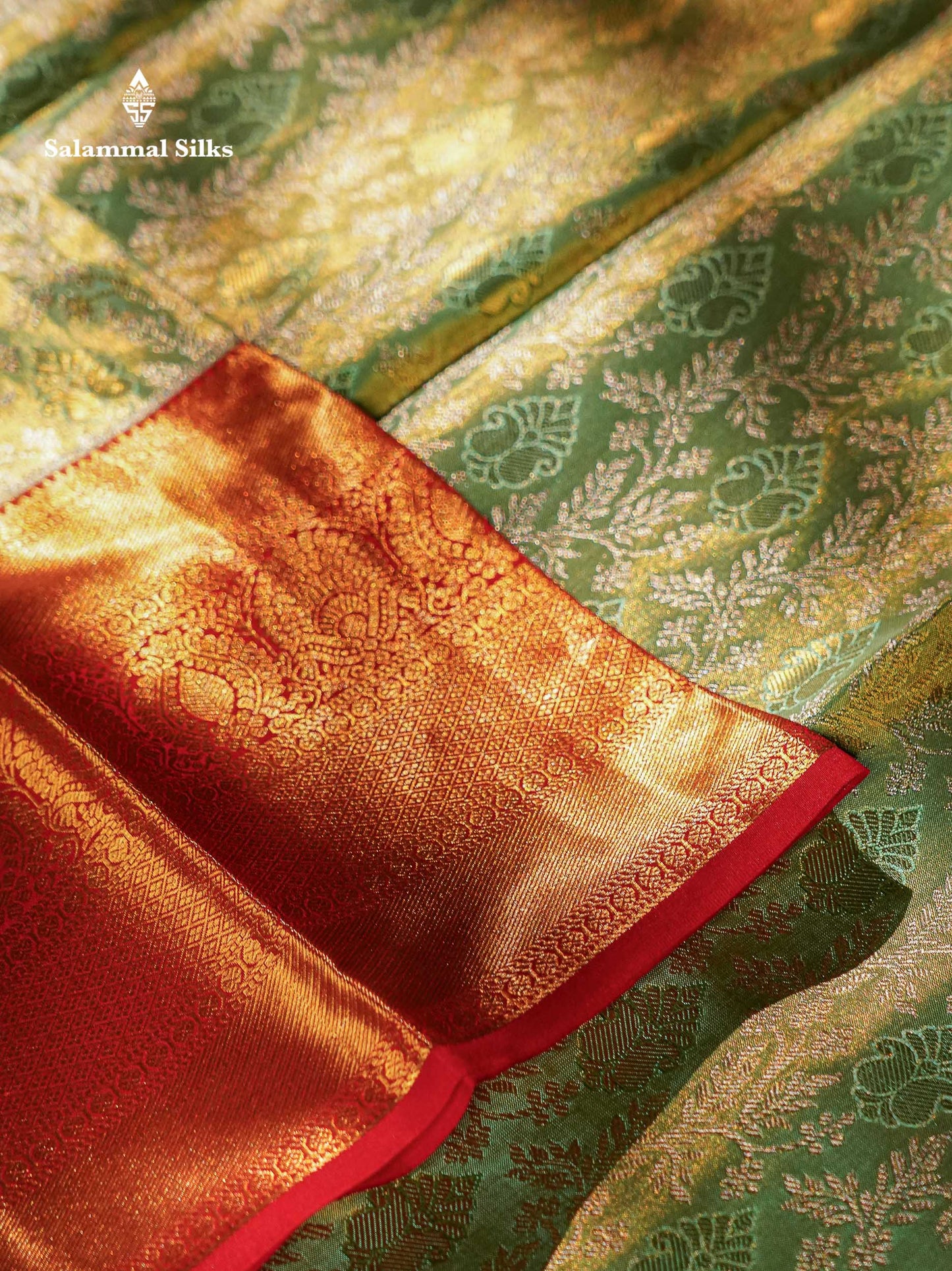 Beautiful Light Green Tissue Bridal Pure Kanjivaram Silk Saree With Contrast Chilly Red Traditional Evening Morning Border