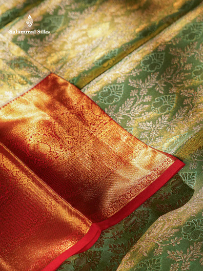 Beautiful Light Green Tissue Bridal Pure Kanjivaram Silk Saree With Contrast Chilly Red Traditional Evening Morning Border