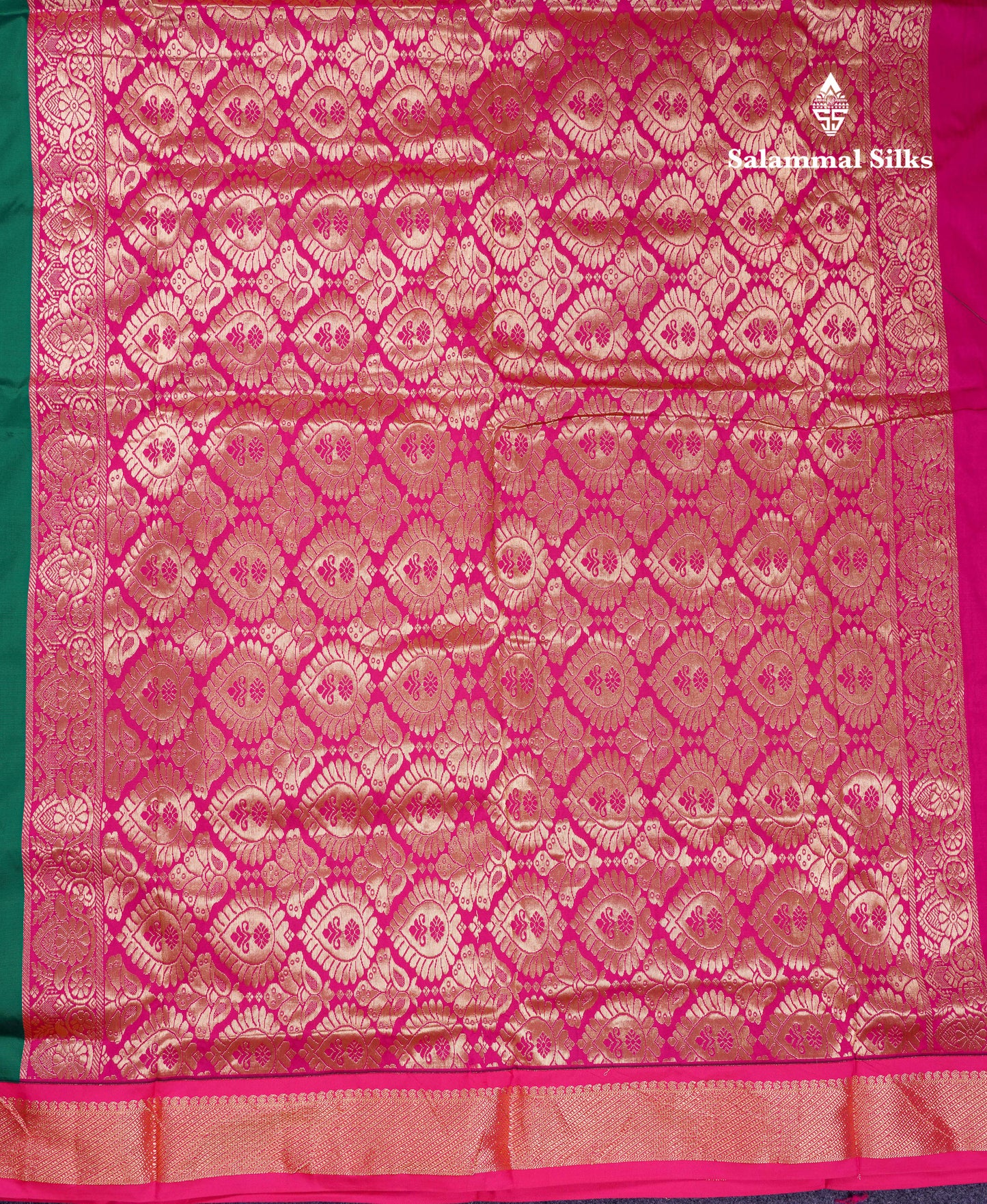 11 Yards Semi Silk Saree Bottle Green with Contrast Pink Traditional Border