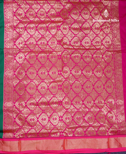 11 Yards Semi Silk Saree Bottle Green with Contrast Pink Traditional Border