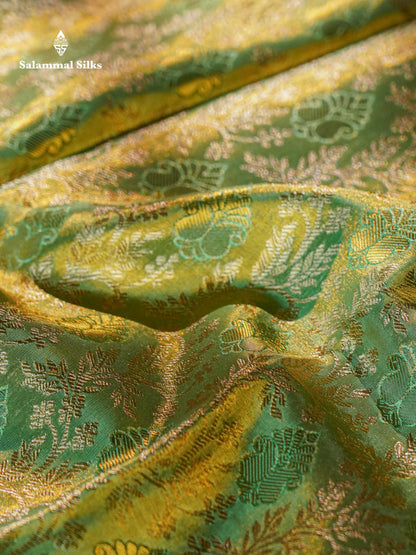 Beautiful Light Green Tissue Bridal Pure Kanjivaram Silk Saree With Contrast Chilly Red Traditional Evening Morning Border