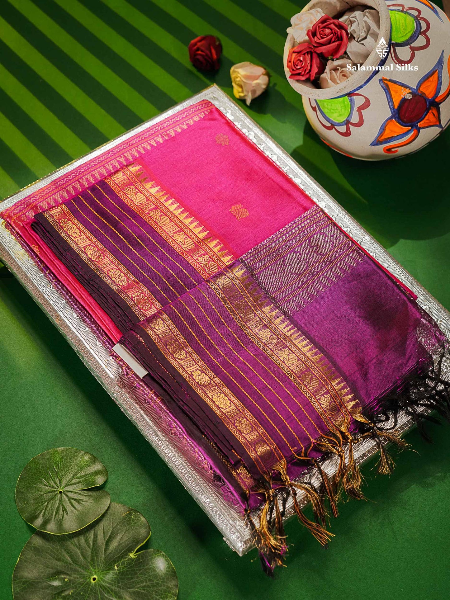 Pure Silk Cotton Saree - Pink Colour Body Thread Butta & Dark Purple Traditional Border