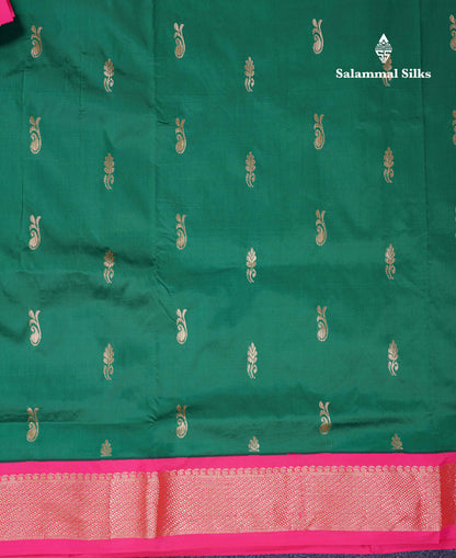 11 Yards Semi Silk Saree Bottle Green with Contrast Pink Traditional Border