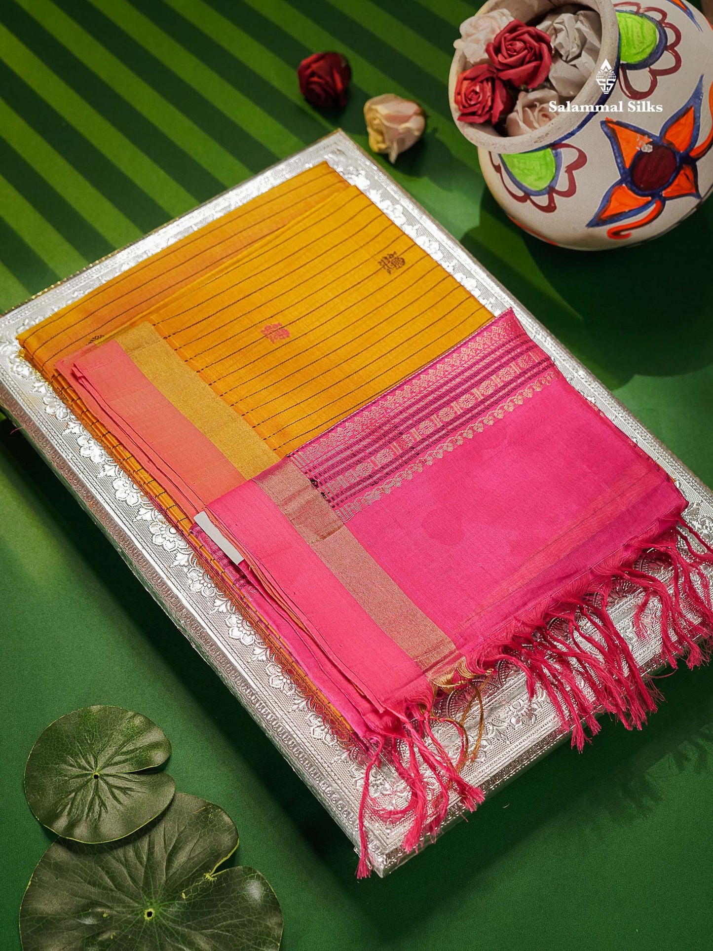 Pure Silk Cotton Saree - Yellow Colour Body Vertical Line With Thread Butta & Pink Blouse 