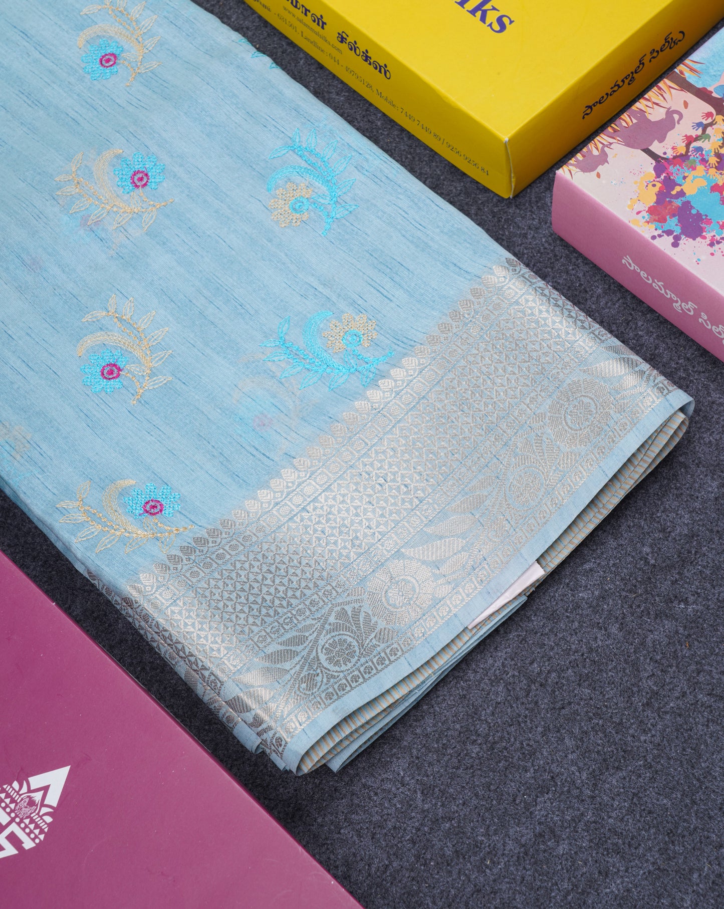 Sky Blue Cotton Mix Fancy Saree With Contrast Sandal Blouse