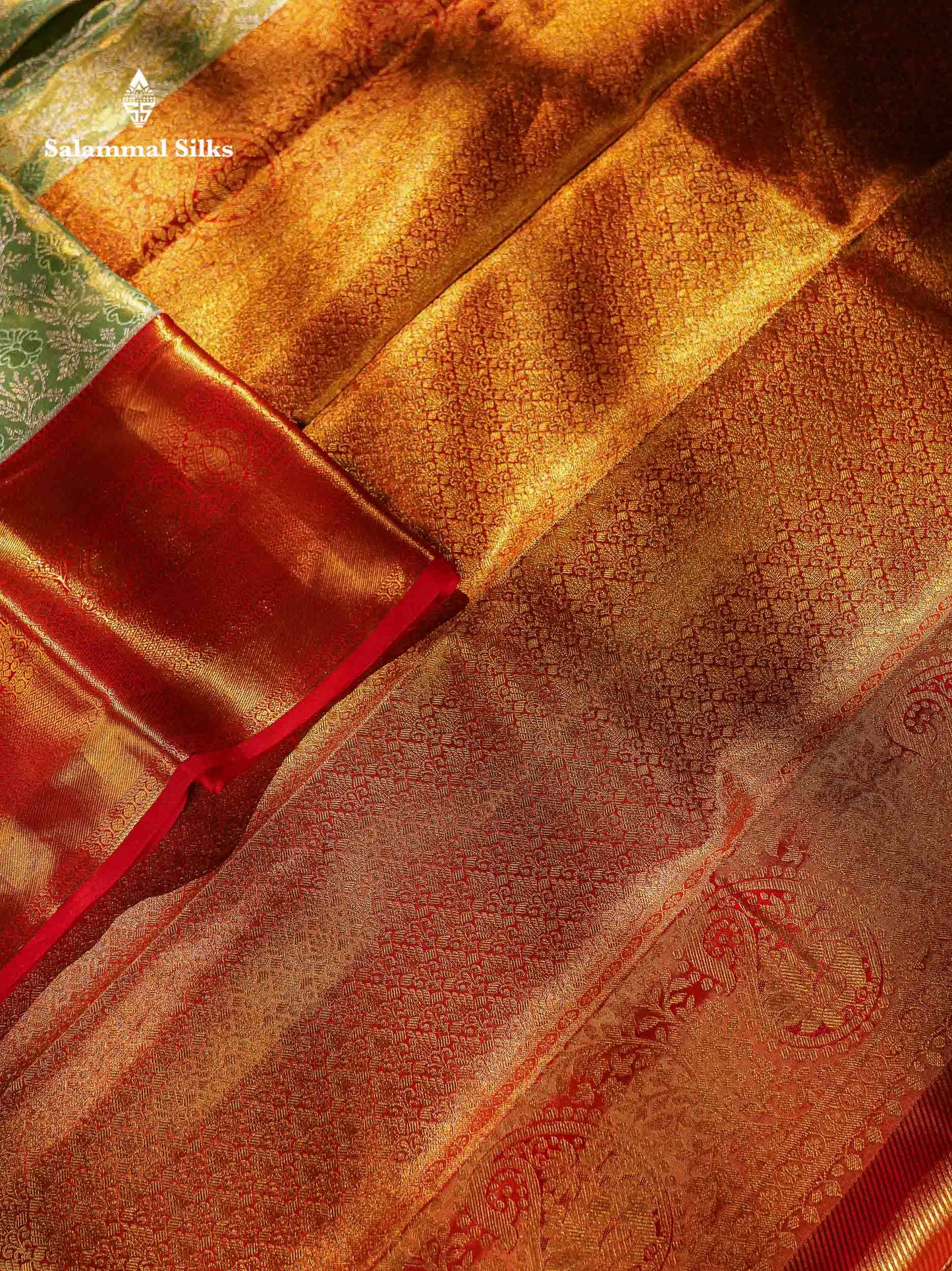 Beautiful Light Green Tissue Bridal Pure Kanjivaram Silk Saree With Contrast Chilly Red Traditional Evening Morning Border