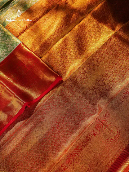 Beautiful Light Green Tissue Bridal Pure Kanjivaram Silk Saree With Contrast Chilly Red Traditional Evening Morning Border