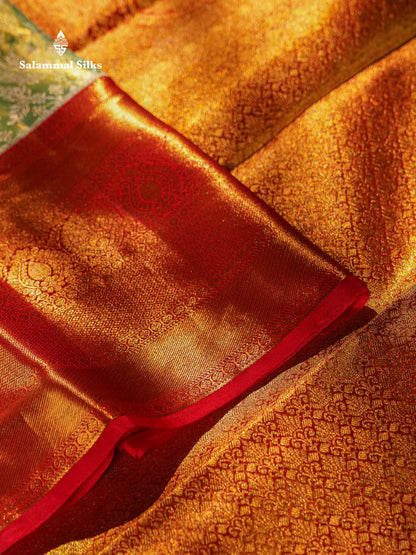 Beautiful Light Green Tissue Bridal Pure Kanjivaram Silk Saree With Contrast Chilly Red Traditional Evening Morning Border