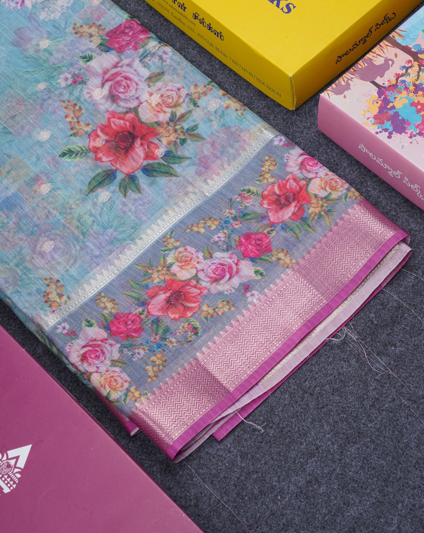 Light Pink Printed Linen Mix Fancy Saree With Contrast Peacock Green Fancy Border