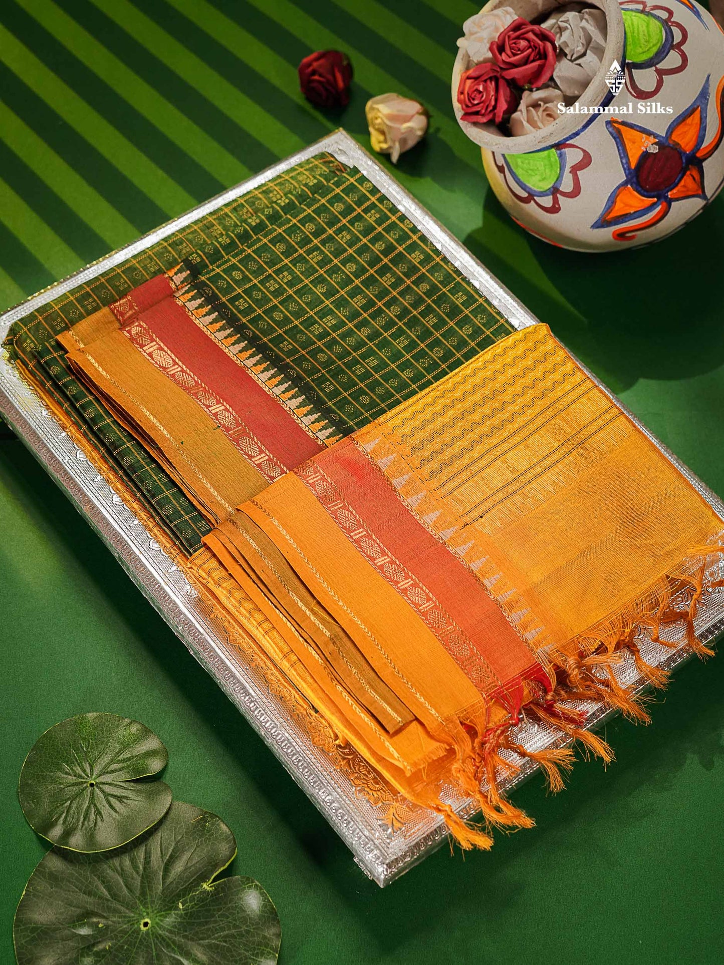 Pure Silk Cotton Saree - Bottle Green Colour Body Checks With Butta & Traditional Border 