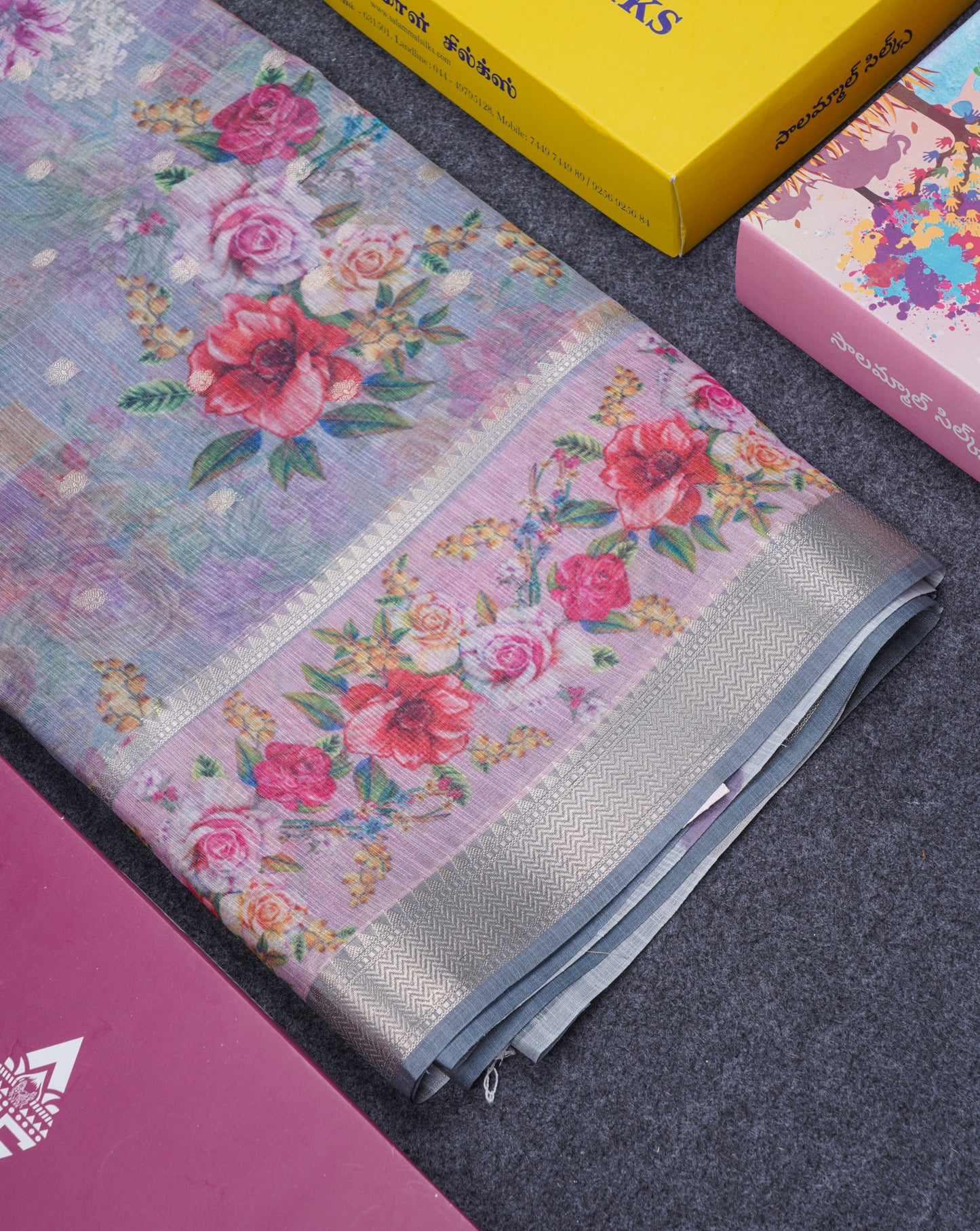 Light Pink Printed Linen Mix Fancy Saree With Contrast Peacock Green Fancy Border