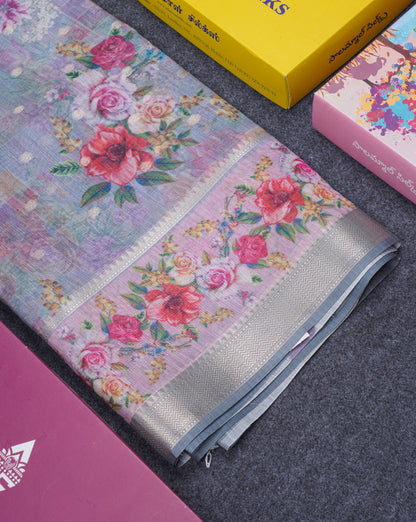 Light Pink Printed Linen Mix Fancy Saree With Contrast Peacock Green Fancy Border