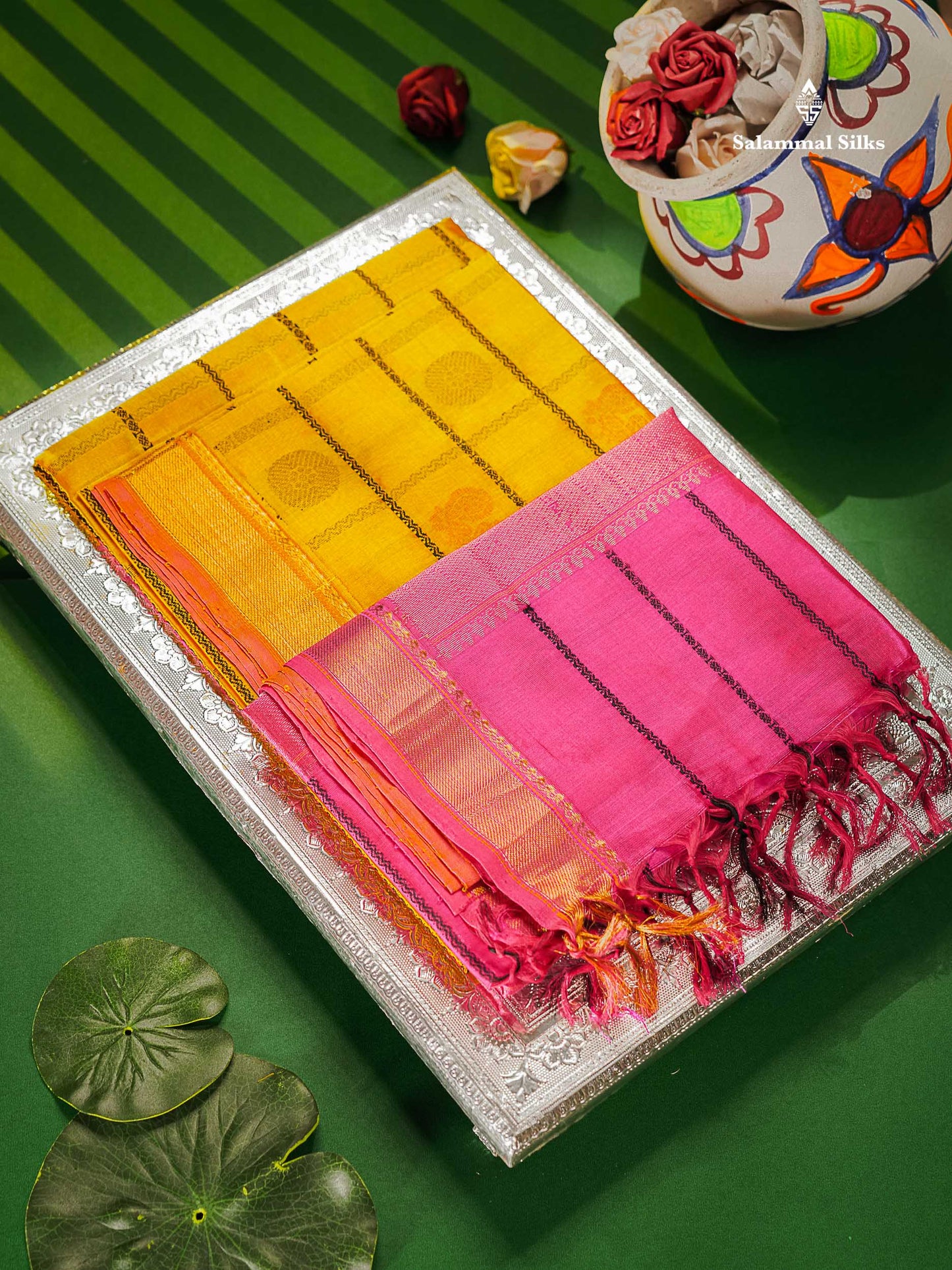 Pure Silk Cotton Saree - Yellow Colour Body Checks With Traditional Butta & Pink Blouse