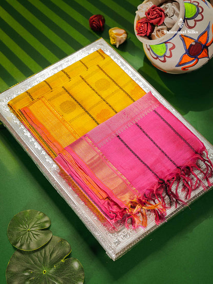 Pure Silk Cotton Saree - Yellow Colour Body Checks With Traditional Butta & Pink Blouse