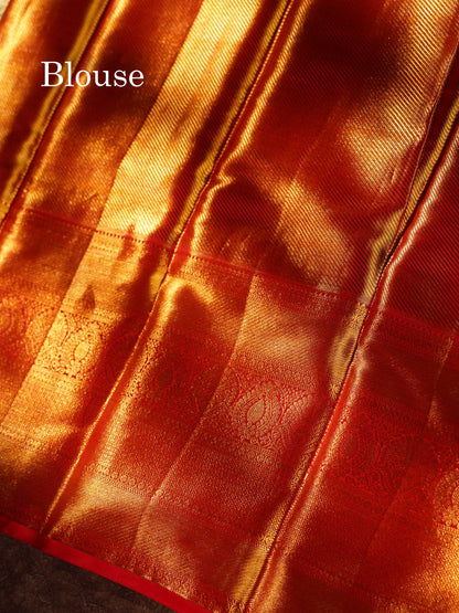 Beautiful Light Green Tissue Bridal Pure Kanjivaram Silk Saree With Contrast Chilly Red Traditional Evening Morning Border
