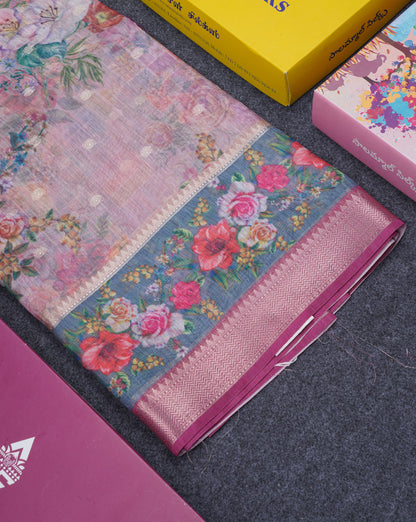 Light Pink Printed Linen Mix Fancy Saree With Contrast Peacock Green Fancy Border