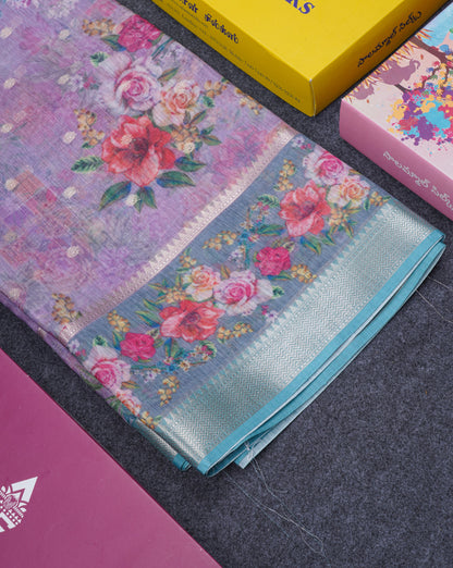 Light Pink Printed Linen Mix Fancy Saree With Contrast Peacock Green Fancy Border