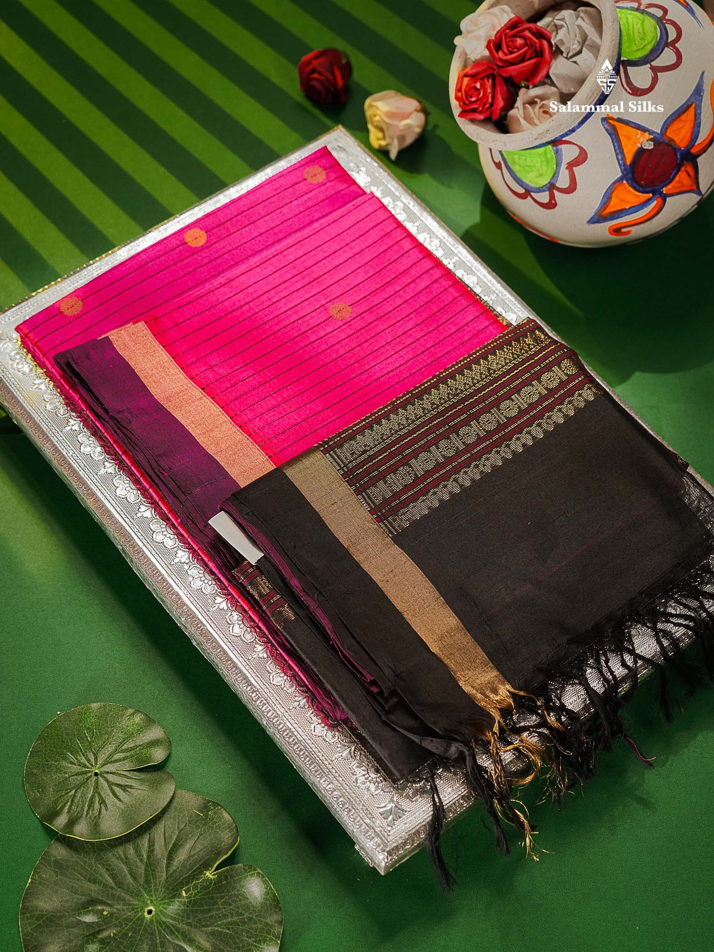 Pure Silk Cotton Saree - Pink Colour Body Vertical Line With Thread Butta & Black Blouse 