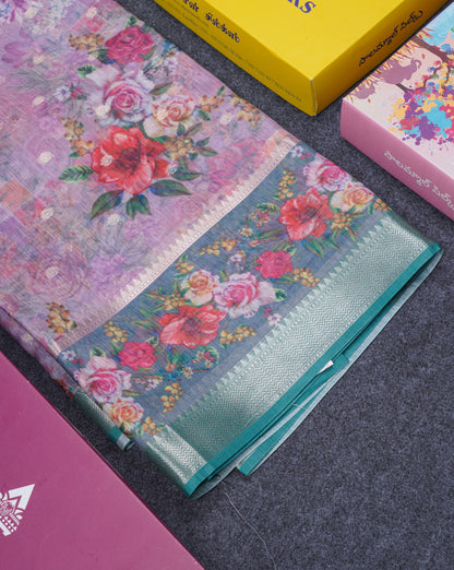 Light Pink Printed Linen Mix Fancy Saree With Contrast Peacock Green Fancy Border