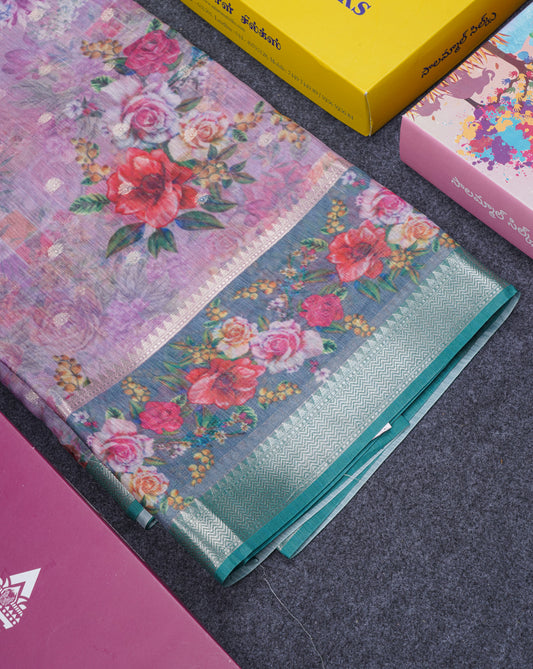 Light Pink Printed Linen Mix Fancy Saree With Contrast Peacock Green Fancy Border