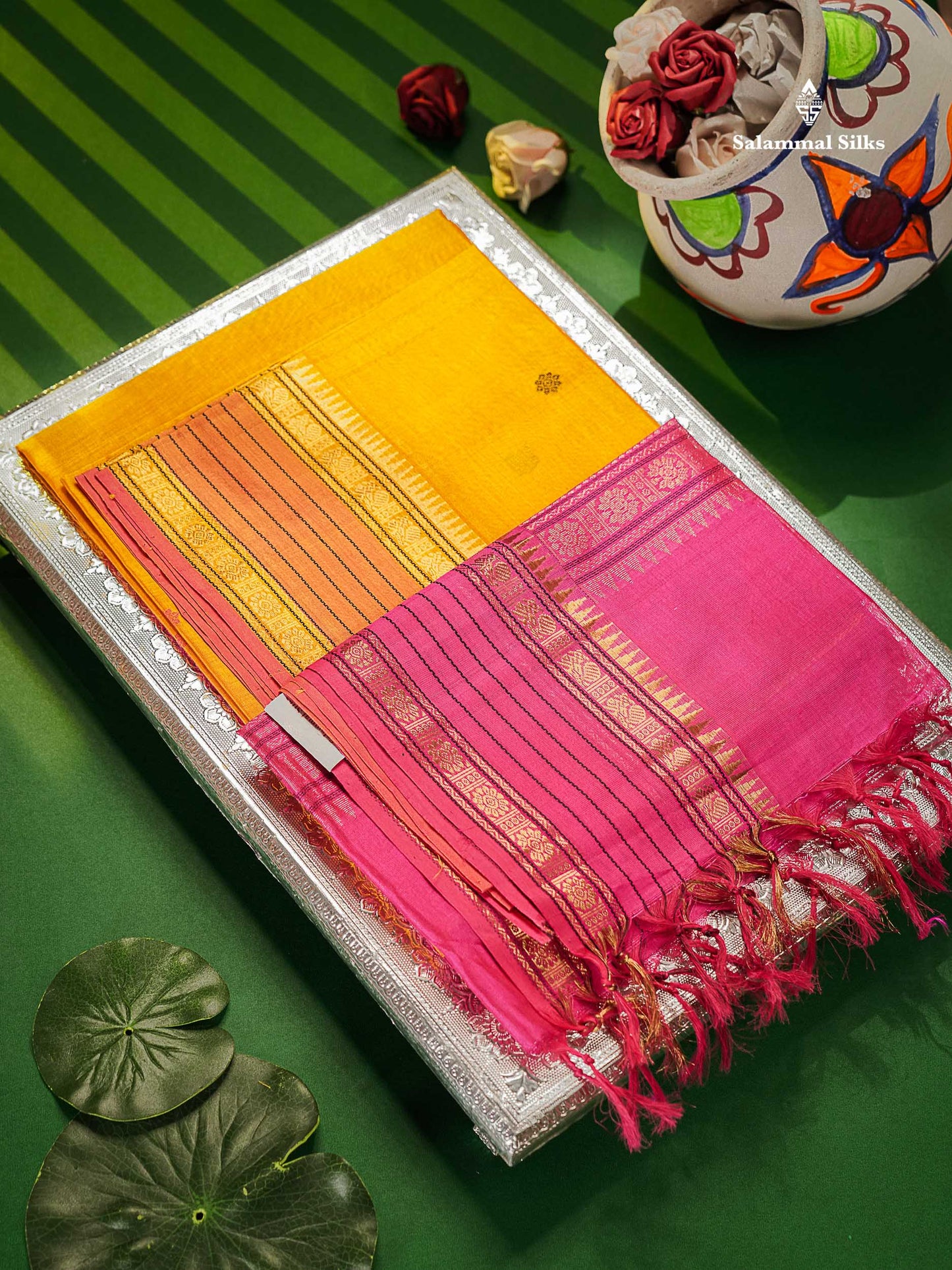 Pure Silk Cotton Saree - Yellow Colour Body Thread Butta & Magenta Pink Traditional Border