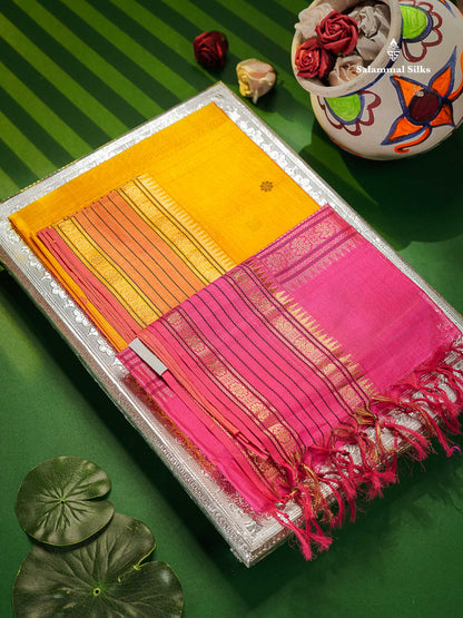 Pure Silk Cotton Saree - Yellow Colour Body Thread Butta & Magenta Pink Traditional Border