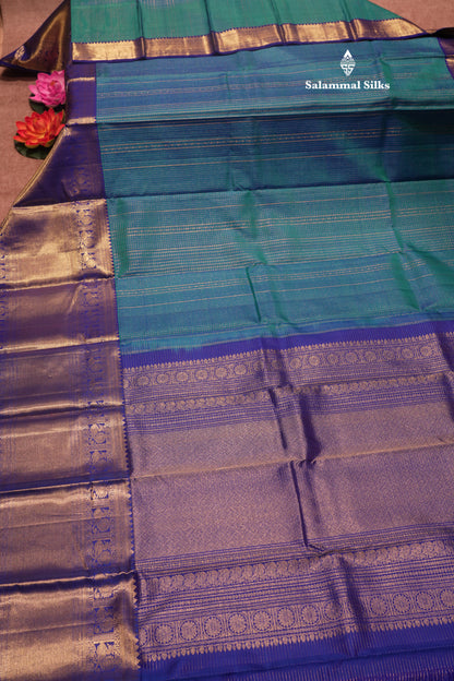 Peacock Blue Colour Small Checks Pure Kanjivaram Silk Saree With Royal Blue Long Border