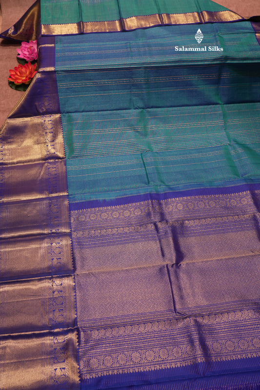 Peacock Blue Colour Small Checks Pure Kanjivaram Silk Saree With Royal Blue Long Border
