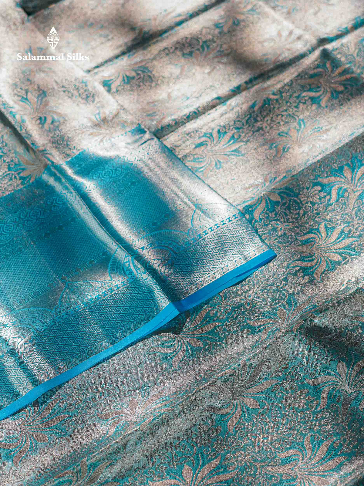 Beautiful Silver Tissue Bridal Pure Kanjivaram Silk Saree With Ccontrast Sky Blue Traditional Evening Morning Border