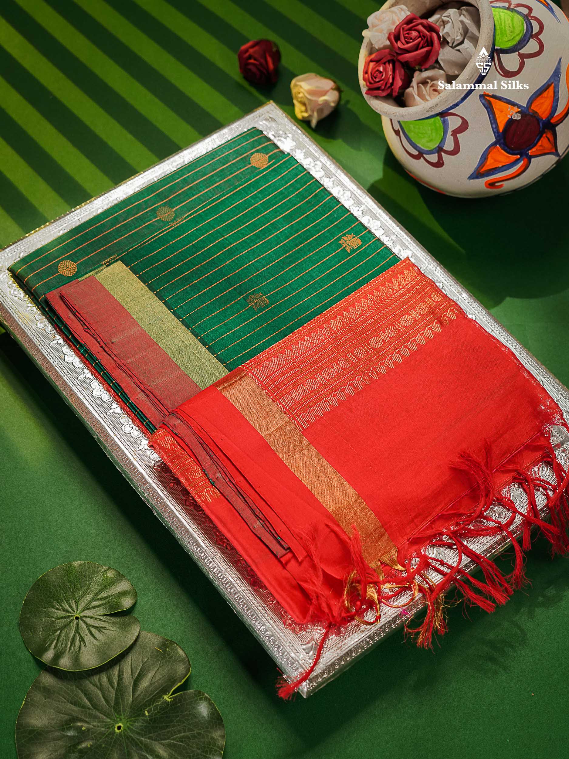 Pure Silk Cotton Saree - Peacock Green Colour Body Vertical Line With Thread Butta & Red Blouse