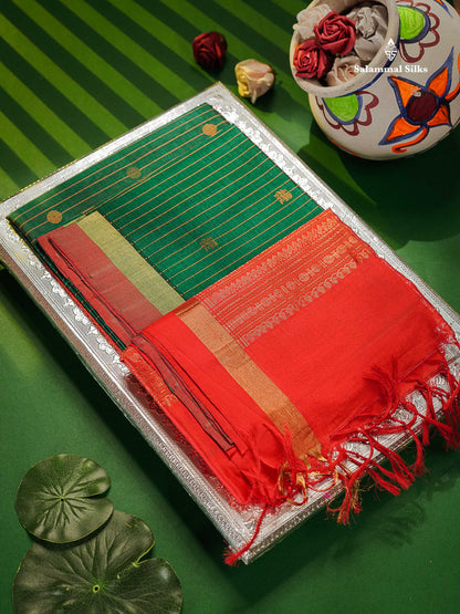 Pure Silk Cotton Saree - Peacock Green Colour Body Vertical Line With Thread Butta & Red Blouse