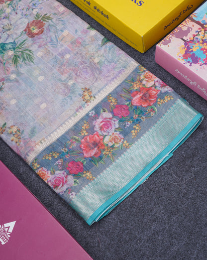 Light Pink Printed Linen Mix Fancy Saree With Contrast Peacock Green Fancy Border