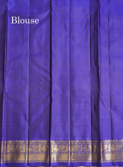 Pure Kanjivaram Silk Saree - Bottle Green Colour Body Zari Butta With Dual Tone Navy Blue Border