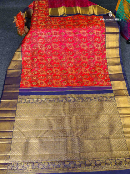 Korvai 2G Zari Pure Kanjivaram Silk Saree - Tomato Red Colour Body With Contrast Navy Blue Border
