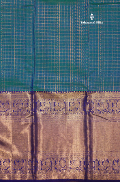 Peacock Blue Colour Small Checks Pure Kanjivaram Silk Saree With Royal Blue Long Border