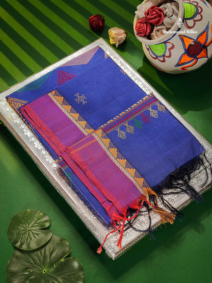 Pure Silk Cotton Saree - Royal Blue Colour Body Thread Butta & Traditional Border