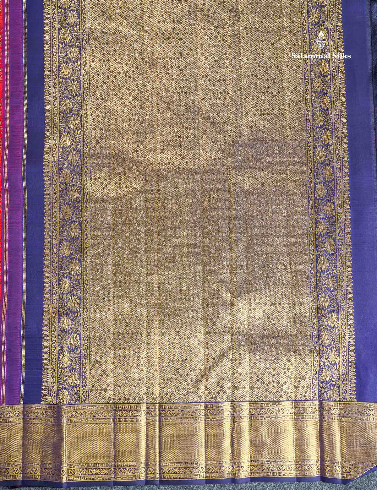 Korvai 2G Zari Pure Kanjivaram Silk Saree - Tomato Red Colour Body With Contrast Navy Blue Border