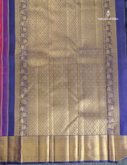 Korvai 2G Zari Pure Kanjivaram Silk Saree - Tomato Red Colour Body With Contrast Navy Blue Border